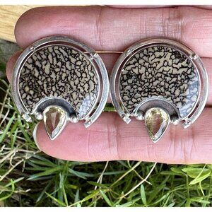 Kim Cevora Earrings Sterling Silver Petrified Dinosaur‎ Gembone Citrine 18.4g